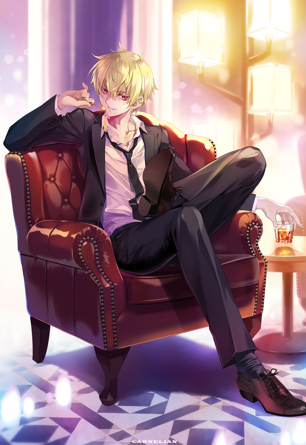 1boy alcohol black_footwear black_neckwear black_pants blonde_hair carnelian chair cup drinking_glass fate/grand_order fate/zero fate_(series) formal full_body gilgamesh highres holding holding_drinking_glass indoors lamp legs_crossed looking_at_viewer male_focus messy_hair necktie pants red_eyes shoes sitting smile solo suit table