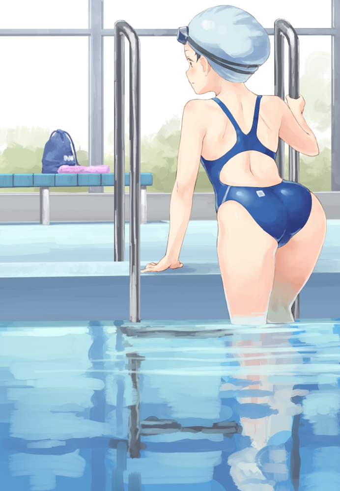 1girl arm_support ass back back_cutout blue_swimsuit blush competition_swimsuit eichisu from_behind goggles goggles_on_head indoors nape one-piece_swimsuit original pool pool_ladder profile solo swim_cap swimsuit wading water