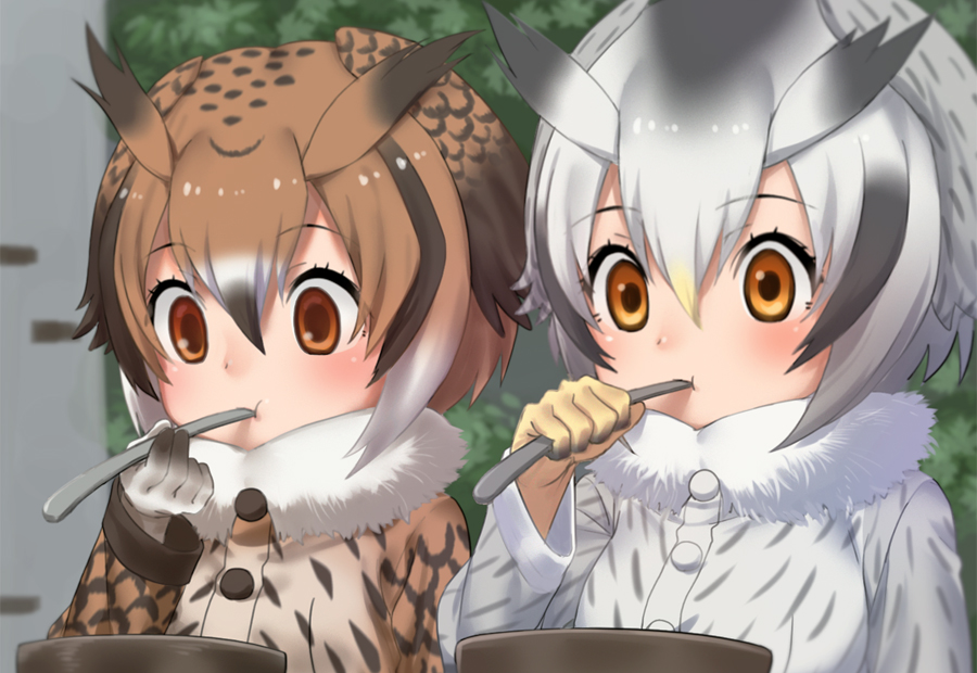 2girls bangs black_hair blonde_hair brown_eyes brown_hair buttons coat eurasian_eagle_owl_(kemono_friends) eyebrows_visible_through_hair fur_collar gloves gradient_hair hair_between_eyes kemono_friends long_sleeves multicolored_hair multiple_girls northern_white-faced_owl_(kemono_friends) nyifu orange_eyes short_hair silver_hair upper_body white_hair