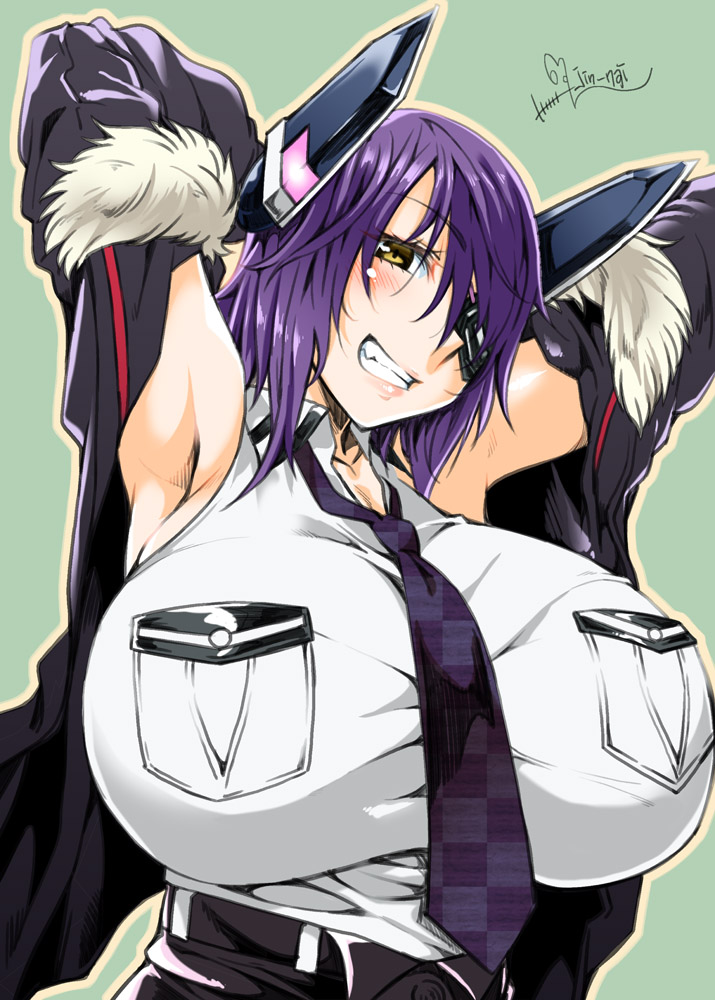 1girl armpits arms_up between_breasts blush breasts checkered checkered_neckwear commentary_request eyebrows_visible_through_hair eyepatch fur-trimmed_jacket fur_trim green_background grin headgear huge_breasts jacket jin_nai kantai_collection lips looking_at_viewer necktie necktie_between_breasts parted_lips purple_hair remodel_(kantai_collection) shiny shiny_hair shiny_skin shirt short_hair simple_background sleeveless sleeveless_shirt smile solo teeth tenryuu_(kantai_collection) upper_body yellow_eyes