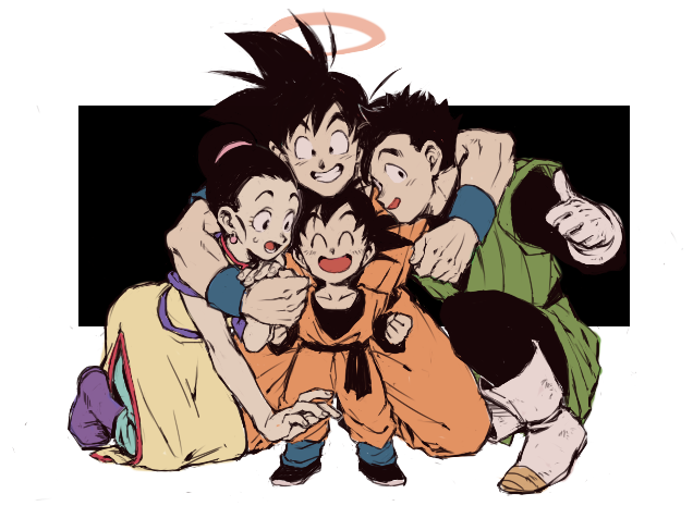 1girl 3boys ^_^ black_background black_eyes black_hair boots brothers chi-chi_(dragon_ball) clenched_hands closed_eyes closed_eyes couple dougi dragon_ball dragonball_z earrings family father_and_son fingernails full_body gloves halo happy hetero hug jewelry kneeling mother_and_son multiple_boys open_mouth short_hair siblings simple_background smile son_gohan son_gokuu son_goten spiky_hair standing sweatdrop teeth thumbs_up tied_hair two-tone_background white_background wristband