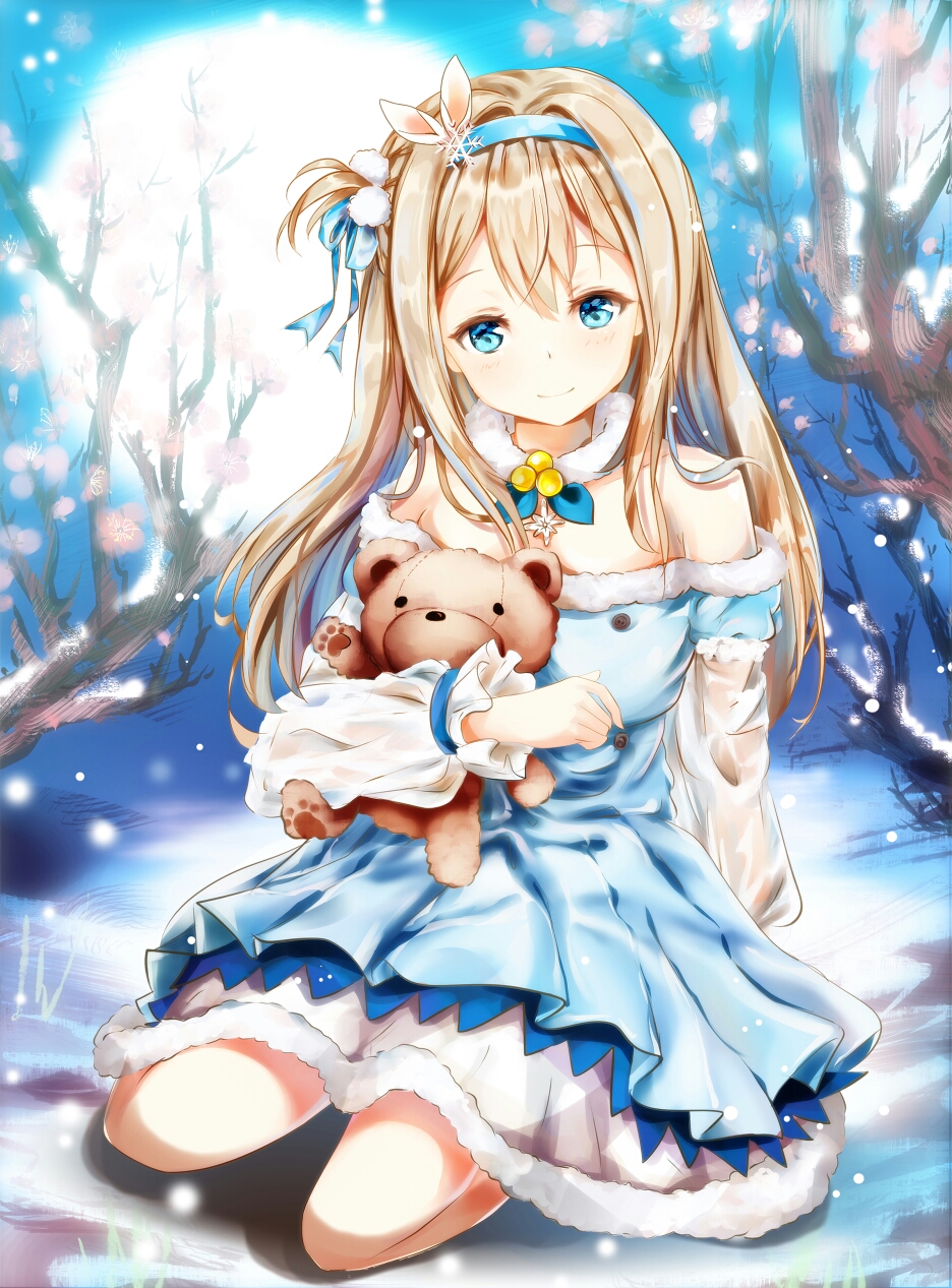 1girl bangs bare_shoulders blue_dress blue_eyes blush closed_mouth commentary_request dress eyebrows_visible_through_hair flower full_moon girls_frontline head_tilt highres light_brown_hair long_sleeves looking_at_viewer moon mutang object_hug off-shoulder_dress off_shoulder outdoors pink_flower puffy_long_sleeves puffy_short_sleeves puffy_sleeves see-through short_over_long_sleeves short_sleeves sitting smile solo stuffed_animal stuffed_toy suomi_kp31_(girls_frontline) teddy_bear tree_branch