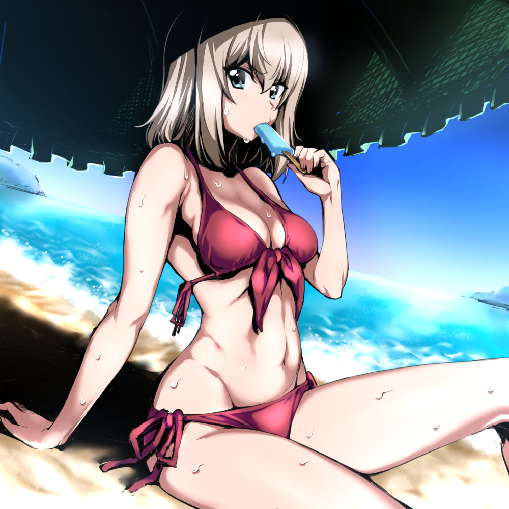 1girl beach beach_umbrella bikini blue_eyes breasts cleavage commentary_request dutch_angle food girls_und_panzer itsumi_erika large_breasts long_hair nakahira_guy navel popsicle seaside silver_hair solo sweat swimsuit umbrella