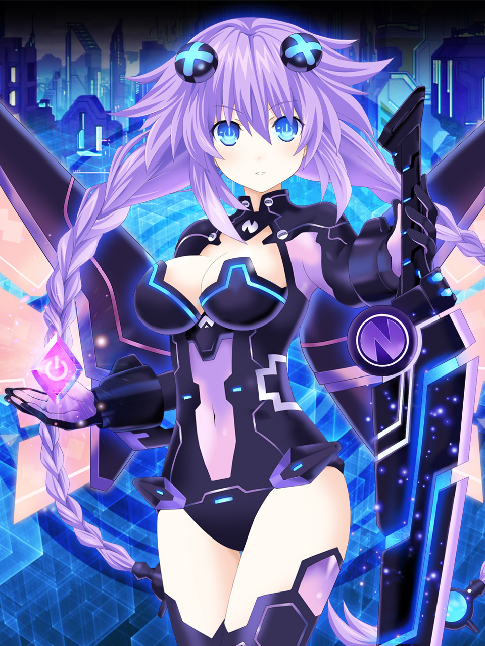 1girl blue_eyes braid breasts cleavage cleavage_cutout commentary_request covered_navel cowboy_shot crystal glowing_crystal hair_between_eyes hair_ornament highres hips holding holding_object holding_sword holding_weapon kagura_ittou leotard looking_at_viewer medium_breasts neptune_(series) open_mouth power_symbol purple_hair purple_heart skin_tight solo sword symbol-shaped_pupils thigh-highs thigh_gap twin_braids twintails weapon wings