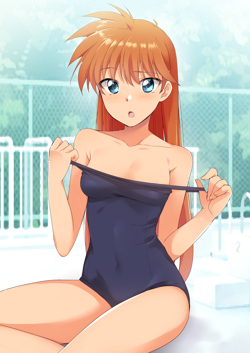 1girl :o bangs bare_arms bare_shoulders blue_eyes blue_swimsuit blurry blurry_background blush breasts chain-link_fence cleavage collarbone covered_navel day eyebrows_visible_through_hair fence fingernails hair_between_eyes hair_down hands_up highres inaba_kyouko jigoku_sensei_nube kaiga long_hair looking_at_viewer old_school_swimsuit orange_hair outdoors pool_ladder poolside raised_eyebrow school_swimsuit shiny shiny_hair sitting small_breasts solo strap_pull swimsuit tree yokozuwari