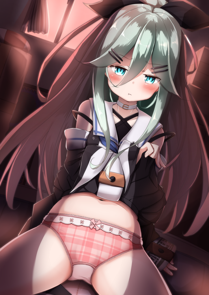 1girl :t arm_support bangs bare_shoulders black_ribbon black_shirt black_skirt blush closed_mouth commentary_request detached_sleeves eyebrows_visible_through_hair fingernails green_eyes green_hair hair_between_eyes hair_ornament hair_ribbon hairclip high_ponytail indoors kantai_collection lifted_by_self long_hair long_sleeves looking_at_viewer mochiyuki navel panties pink_panties plaid plaid_panties pleated_skirt ponytail pout ribbon shirt sitting skirt skirt_lift sleeveless sleeveless_shirt sleeves_past_wrists solo underwear very_long_hair wide_sleeves window yamakaze_(kantai_collection)