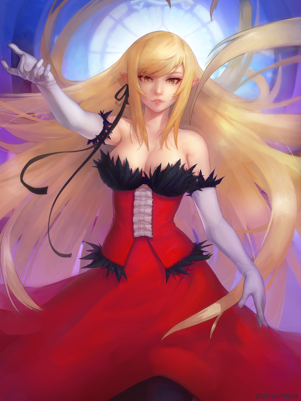 1girl bangs bare_shoulders blonde_hair breasts cleavage closed_mouth commentary_request detached_sleeves dress ears_visible_through_hair highres kiss-shot_acerola-orion_heart-under-blade long_hair looking_at_viewer monogatari_(series) pointy_ears solo swept_bangs unsomnus yellow_eyes