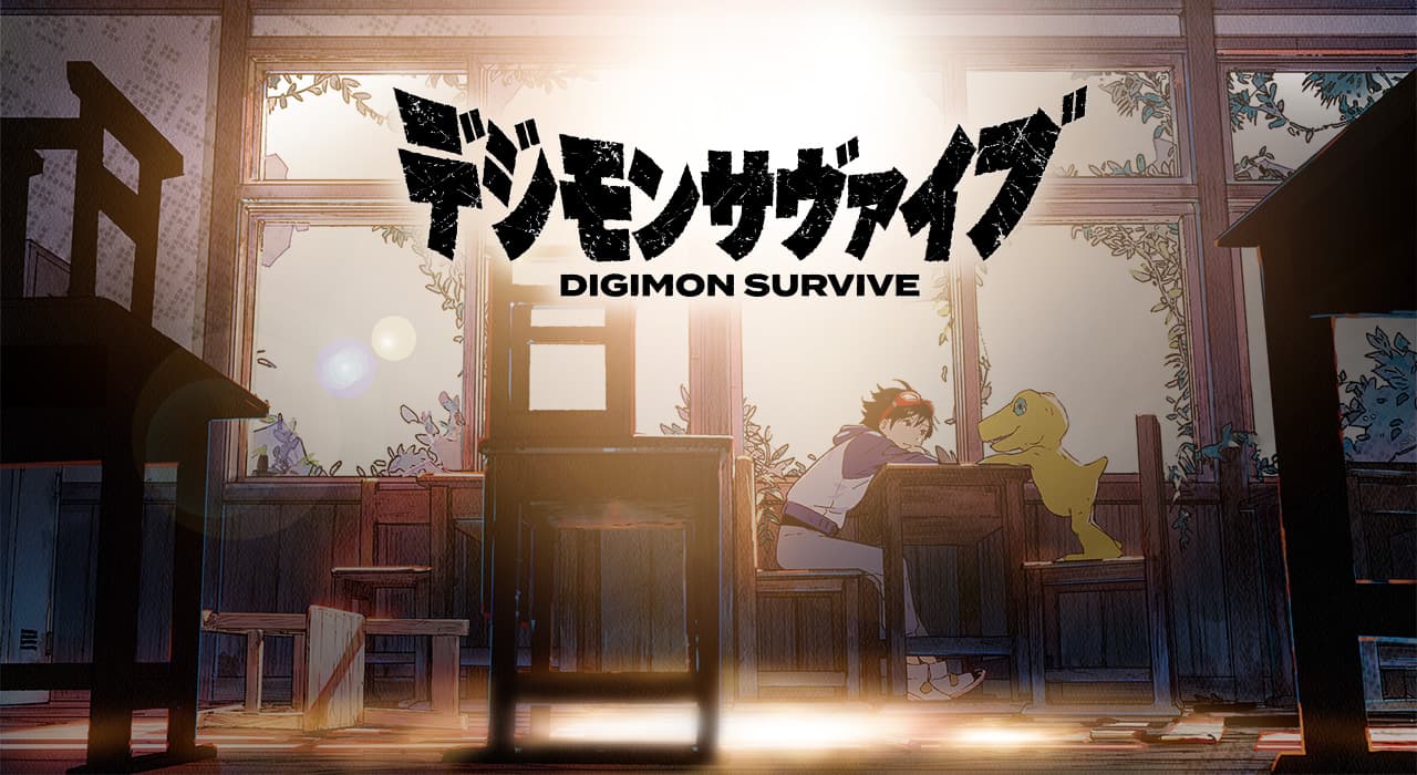 1boy agumon black_eyes black_hair black_shirt blue_jacket broken_window chair classroom claws creature day desk digimon digimon_survive goggles goggles_on_head green_eyes grey_pants hood hooded_jacket indoors jacket key_visual lens_flare logo looking_at_another momotsuka_takuma official_art pants red-framed_eyewear school_chair school_desk shirt shoes sitting smile sneakers standing_on_chair sunlight tail ukumo_uichi white_footwear white_jacket