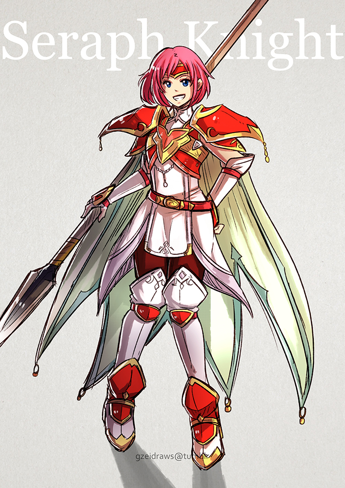 1girl armor blue_eyes breastplate cape fire_emblem fire_emblem:_akatsuki_no_megami fire_emblem:_souen_no_kiseki full_body gloves greaves grey_background grin gzei headband holding holding_spear holding_weapon looking_at_viewer marcia pauldrons pink_hair polearm simple_background smile solo spear weapon