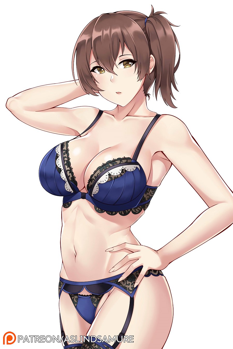 1girl armpits artist_name aslindsamure bangs bare_arms blue_bra blue_legwear blue_panties blush bra breasts brown_eyes brown_hair collarbone cowboy_shot garter_belt garter_straps green_eyes hair_between_eyes hair_tie hand_on_hip hand_on_own_head head_tilt highres kaga_(kantai_collection) kantai_collection large_breasts looking_at_viewer navel open_mouth panties patreon_logo patreon_username short_hair side_ponytail sidelocks simple_background solo stomach thigh-highs thighs toned underwear underwear_only white_background