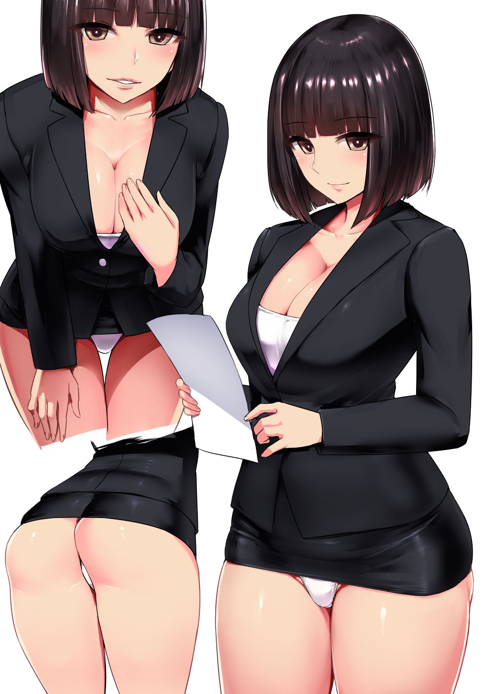 1girl animal_ears black_hair black_skirt blush breasts brown_eyes cleavage formal highres ishimiso_(ishimura) large_breasts long_sleeves looking_at_viewer microskirt miniskirt office_lady panties pantyshot pencil_skirt short_hair skirt skirt_suit smile solo suit underwear uniform