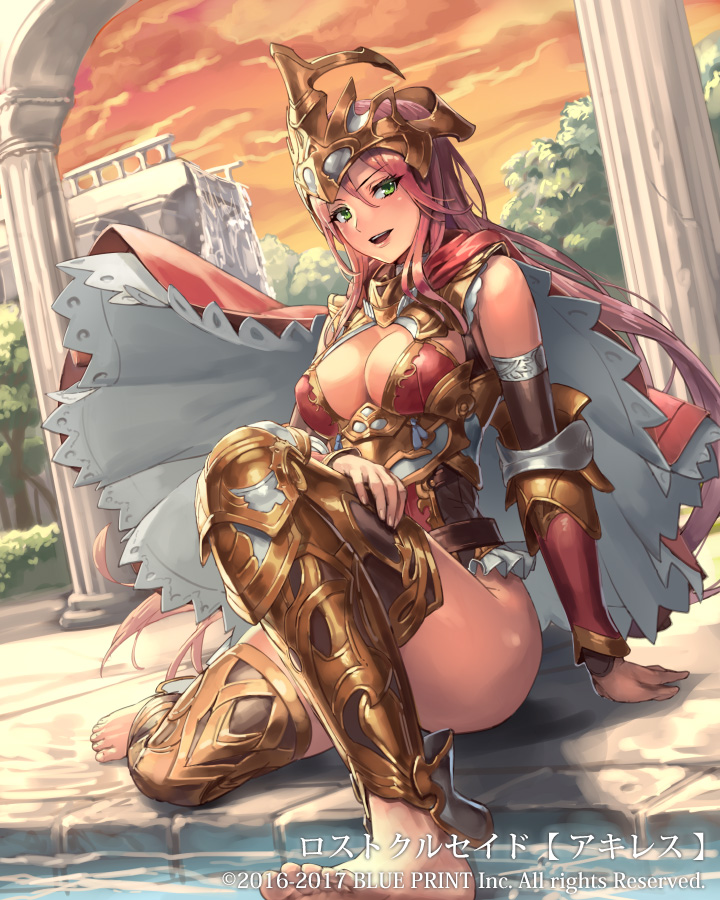 1girl armor bare_shoulders barefoot blush breasts cape cleavage clouds commentary_request cuboon eyebrows_visible_through_hair green_eyes helmet knee_up large_breasts leotard looking_at_viewer lost_crusade official_art open_mouth outdoors pillar red_cape redhead sitting sky thigh-highs thighs tree underbust water