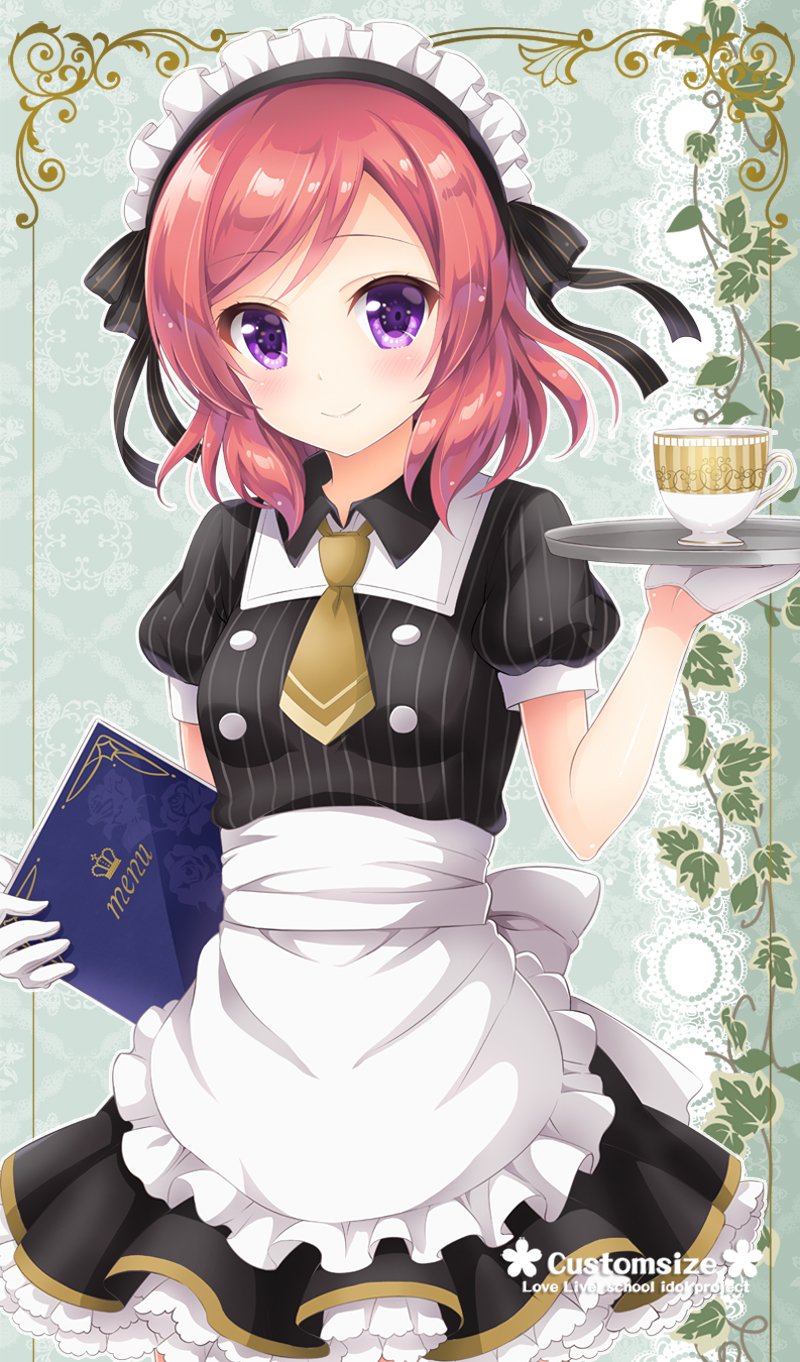 1girl apron circle_name collared_dress copyright_name cup dress gloves hair_ribbon highres holding holding_menu holding_tray looking_at_viewer love_live! love_live!_school_idol_project maid maid_headdress medium_hair necktie nishikino_maki redhead ribbon sakurai_makoto_(custom_size) short_sleeves smile solo striped striped_ribbon teacup tray vertical_stripes violet_eyes waist_apron white_apron white_gloves yellow_neckwear