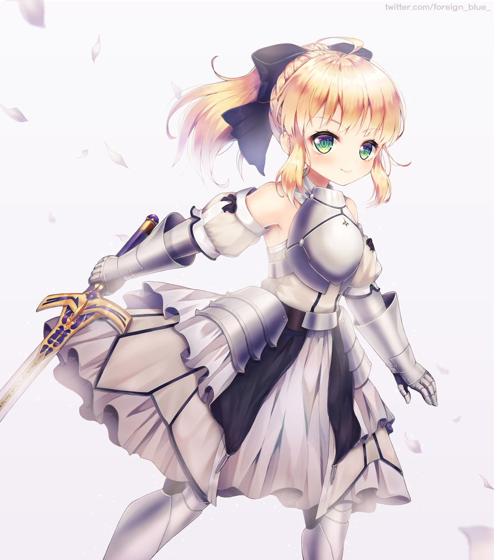 1girl armor armored_boots armored_dress artoria_pendragon_(all) bangs bare_shoulders black_bow blonde_hair blush boots bow caliburn closed_mouth commentary_request detached_sleeves dress eyebrows_visible_through_hair fate/grand_order fate/stay_night fate/unlimited_codes fate_(series) foreign_blue gauntlets green_eyes grey_background hair_bow holding holding_sword holding_weapon long_hair looking_at_viewer petals ponytail puffy_short_sleeves puffy_sleeves saber_lily short_sleeves sleeveless sleeveless_dress smile solo sword watermark weapon web_address white_dress