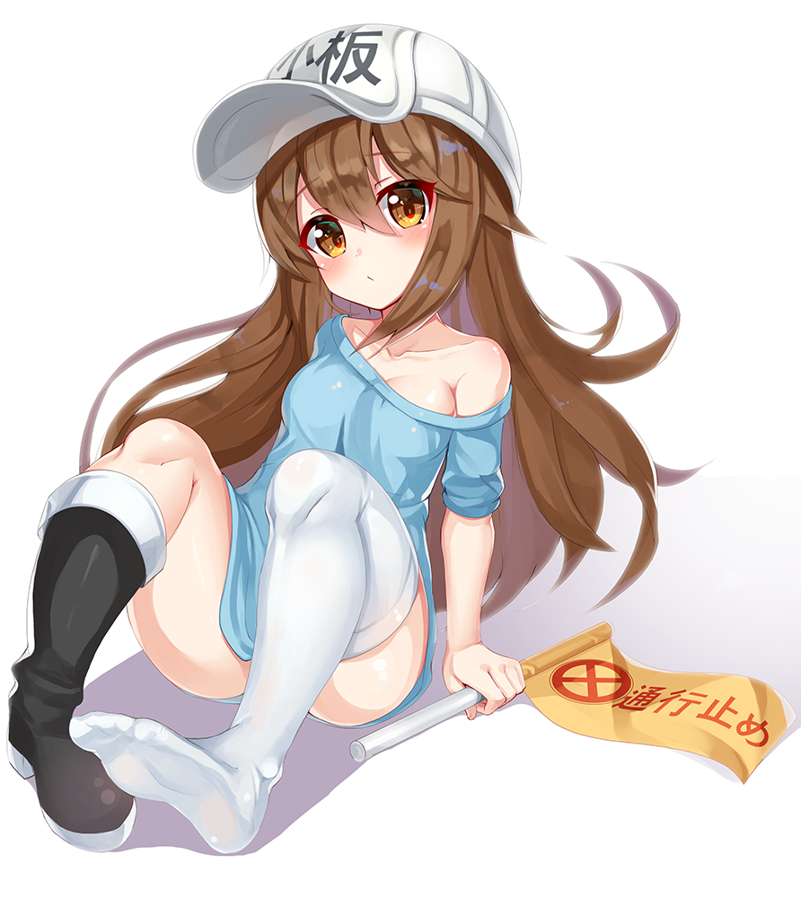 1girl 2drr bangs bare_shoulders black_footwear blue_shirt blush breasts brown_eyes brown_hair closed_mouth collarbone commentary_request eyebrows_visible_through_hair flag flat_cap full_body grey_hat hair_between_eyes hat hataraku_saibou head_tilt holding holding_flag long_hair looking_at_viewer off_shoulder platelet_(hataraku_saibou) shirt short_sleeves single_knee_boot single_thighhigh small_breasts solo thigh-highs very_long_hair white_legwear