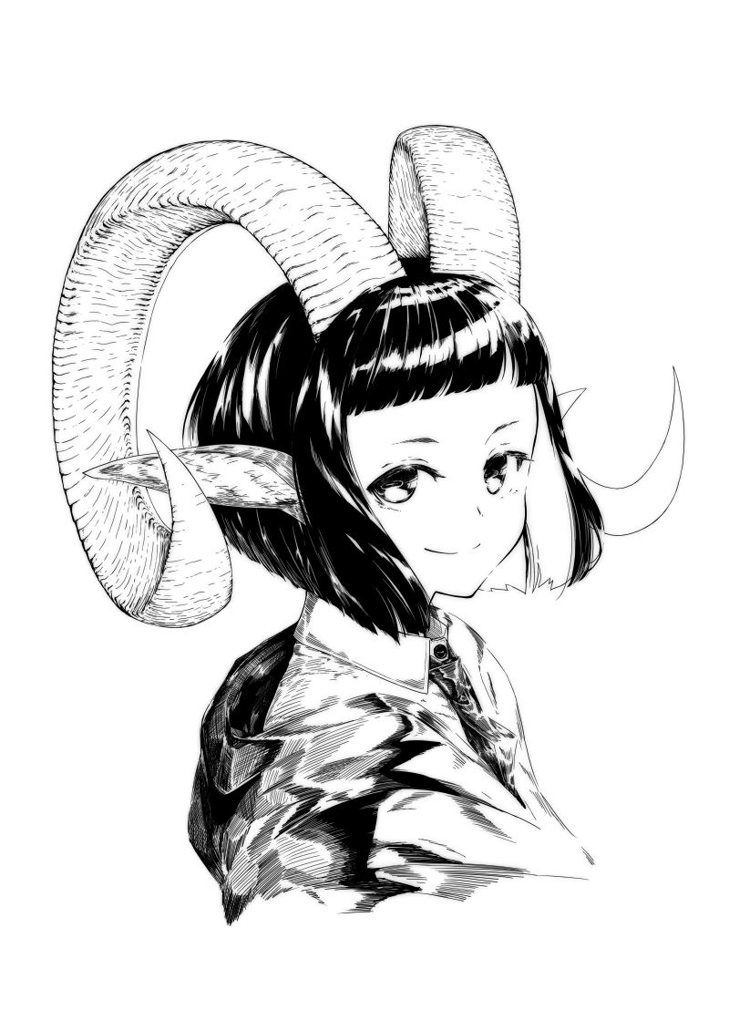 1girl animal_ears bangs blunt_bangs closed_mouth collared_shirt commentary_request curled_horns goat_ears goat_horns greyscale horns jaco looking_at_viewer monochrome necktie original shirt short_hair simple_background smile solo upper_body white_background wing_collar