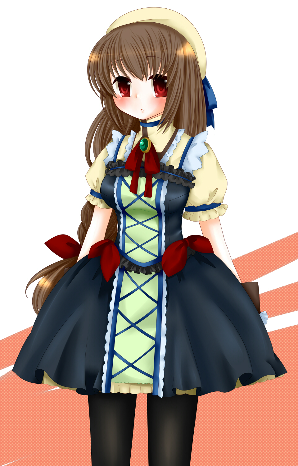 1girl bangs blue_dress bow braid brown_hair dress hekikuu_(kanaderuyume) highres long_hair original puffy_short_sleeves puffy_sleeves red_bow red_eyes short_sleeves solo