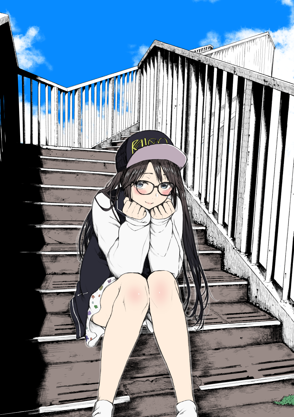 1girl bangs baseball_cap black-framed_eyewear black_hair black_hat blue_eyes blue_sky blush chin_rest closed_mouth clouds commentary_request day glasses hat highres idolmaster idolmaster_shiny_colors jacket knees_together_feet_apart light_smile long_hair looking_at_viewer miniskirt mitsumine_yuika osomatsu_(nanameno) outdoors print_skirt railing shadow sitting sitting_on_stairs skirt sky sleeves_past_wrists socks solo stairs stairwell twintails white_legwear white_skirt