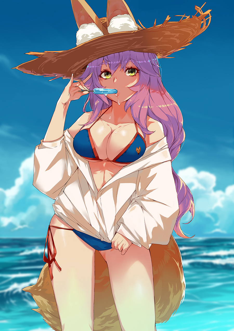 1girl animal_ears bangs bare_shoulders bikini bikini_under_clothes blue_bikini blue_sky breasts cleavage collarbone day ears_through_headwear fate/grand_order fate_(series) food fox_ears fox_tail hair_between_eyes hat highres hips jacket large_breasts long_hair looking_at_viewer ocean off_shoulder ohland pink_hair popsicle side-tie_bikini sky solo straw_hat sun_hat swimsuit tail tamamo_(fate)_(all) tamamo_no_mae_(fate) tamamo_no_mae_(swimsuit_lancer)_(fate) thighs white_jacket yellow_eyes