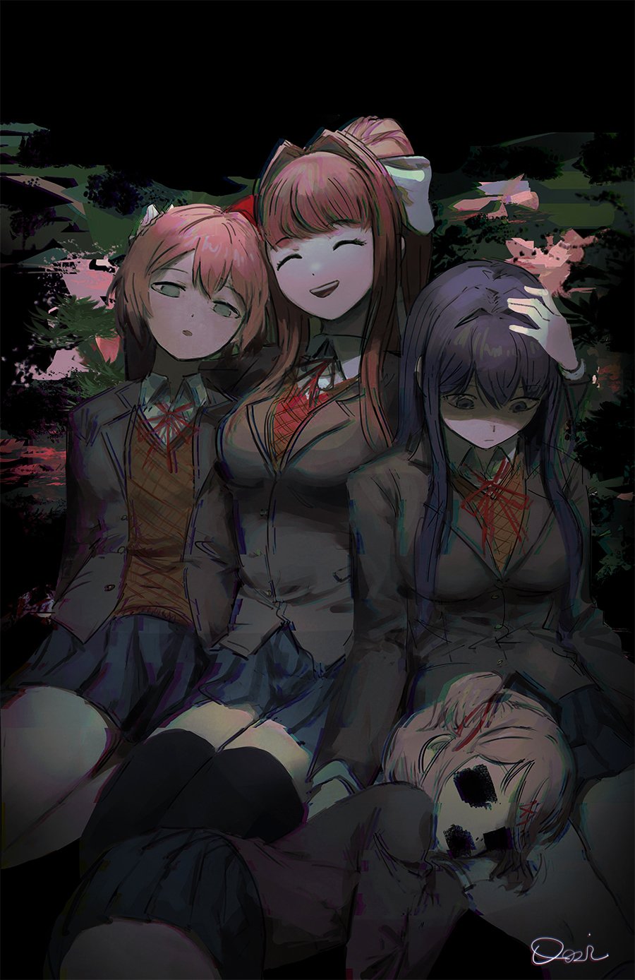 4girls :d ^_^ bangs black_legwear blazer blue_eyes blue_skirt bow breasts brown_hair brown_jacket chromatic_aberration closed_eyes closed_eyes closed_mouth collared_shirt covered_eyes covered_mouth doki_doki_literature_club empty_eyes eyebrows_visible_through_hair glitch hair_between_eyes hair_bow hair_intakes hair_ribbon hand_on_another's_head highres jacket long_hair monika_(doki_doki_literature_club) multiple_girls natsuki_(doki_doki_literature_club) neck_ribbon open_mouth pink_hair pleated_skirt ponytail purple_hair qosic red_bow red_ribbon ribbon sayori_(doki_doki_literature_club) school_uniform shirt short_hair sidelocks sitting skirt smile thigh-highs two_side_up violet_eyes white_bow white_ribbon white_shirt yuri_(doki_doki_literature_club)