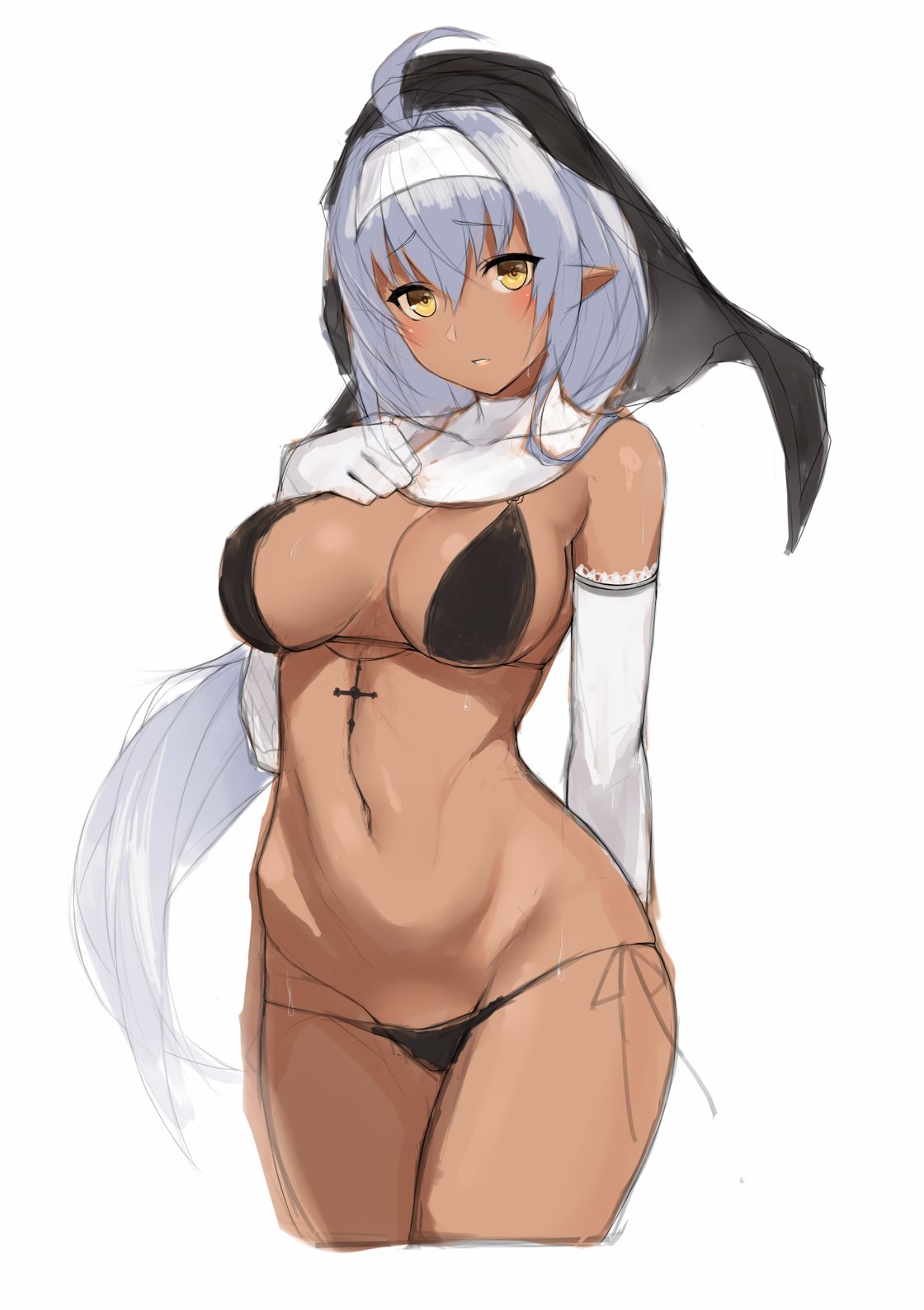 1girl ahoge bikini black_bikini blush cowboy_shot dark_elf dark_skin detached_sleeves elbow_gloves elf eyebrows_visible_through_hair gloves habit hand_on_own_chest highres long_hair nakamura_nagare navel original parted_lips pointy_ears side-tie_bikini silver_hair simple_background sketch solo swimsuit very_long_hair white_background white_gloves yellow_eyes