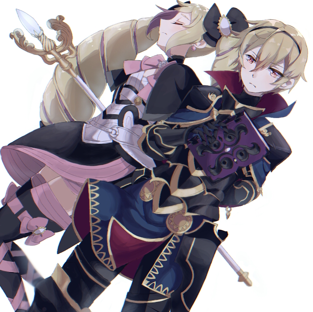 1boy 1girl aone_hiiro armor black_armor blonde_hair book bow brother_and_sister closed_eyes closed_mouth dress earrings elise_(fire_emblem_if) fire_emblem fire_emblem_if gauntlets hairband holding holding_book jewelry leon_(fire_emblem_if) long_hair multicolored_hair pink_bow purple_hair red_eyes short_hair siblings simple_background staff thigh-highs twintails white_background zettai_ryouiki