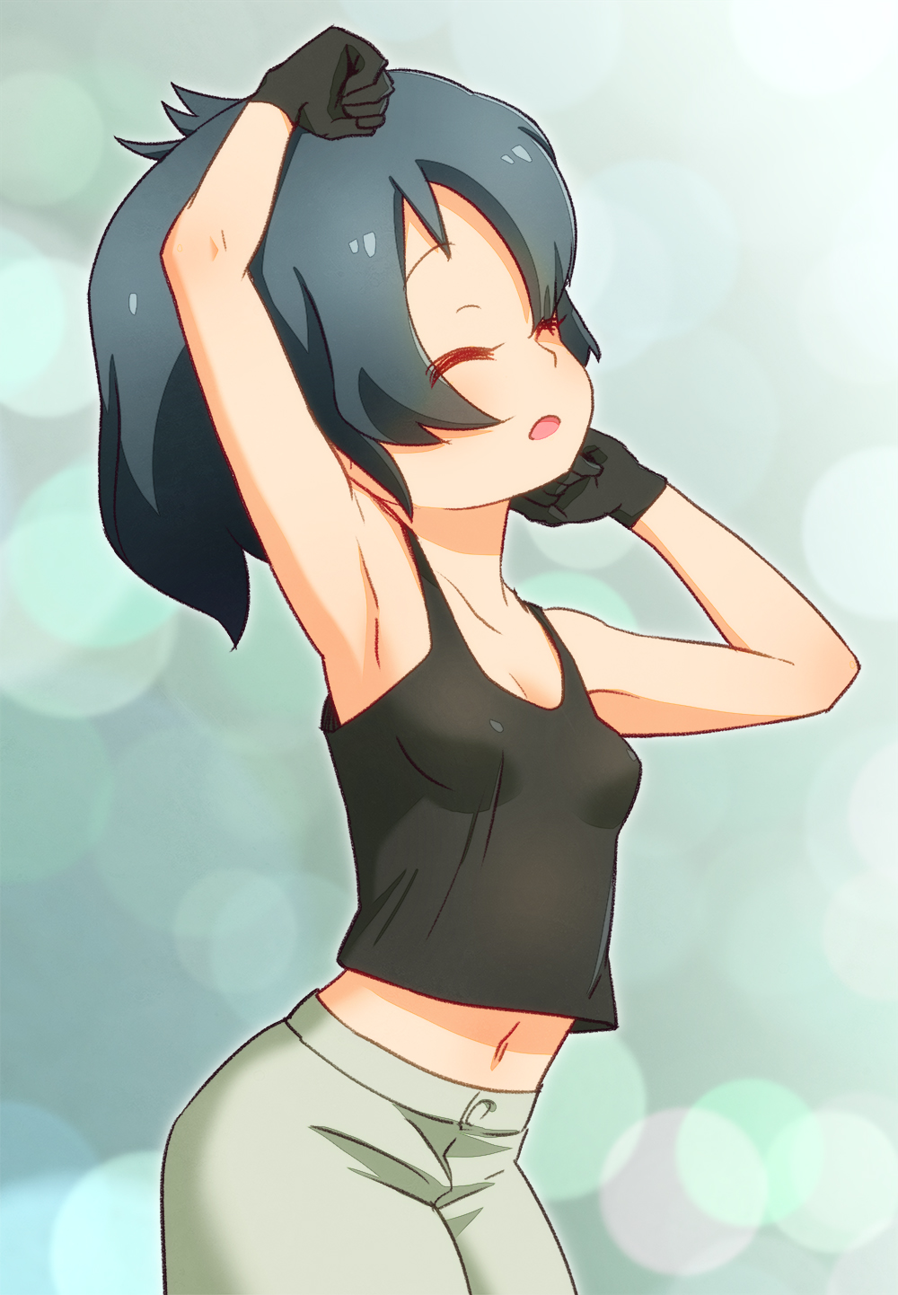 1girl arm_up armpits black_gloves black_hair black_tank_top breasts closed_eyes commentary eyes_visible_through_hair gloves highres kaban_(kemono_friends) kemono_friends midriff navel open_mouth sat-c short_hair shorts small_breasts solo stretch tank_top white_shorts