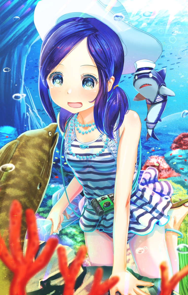 1girl :d abo_(kawatasyunnnosukesabu) animal anklet bag blue_eyes blue_hair bubble camera clothed_animal commentary_request coral hair_tie hat highres holding holding_bag jewelry looking_at_animal medium_hair moray_eel necklace no_bangs ocean one-piece_swimsuit open_mouth original sandals shark sidelocks smile solo striped striped_swimsuit swimsuit twintails underwater white_hat