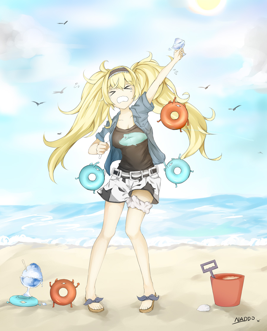 &gt;_&lt; 1girl bangs beach belt blonde_hair blue_eyes blue_shirt breast_pocket breasts bucket buttons cleavage clouds cloudy_sky collarbone collared_shirt commentary_request crying enemy_lifebuoy_(kantai_collection) eyebrows_visible_through_hair food full_body gambier_bay_(kantai_collection) hair_between_eyes hairband holding holding_food kantai_collection large_breasts long_hair looking_at_viewer low_twintails multicolored multicolored_clothes omuretu_(butterroru) open_mouth pocket sand sandals seaside shaved_ice shirt short_sleeves shorts signature sky solo spoon standing t-shirt tearing_up twintails