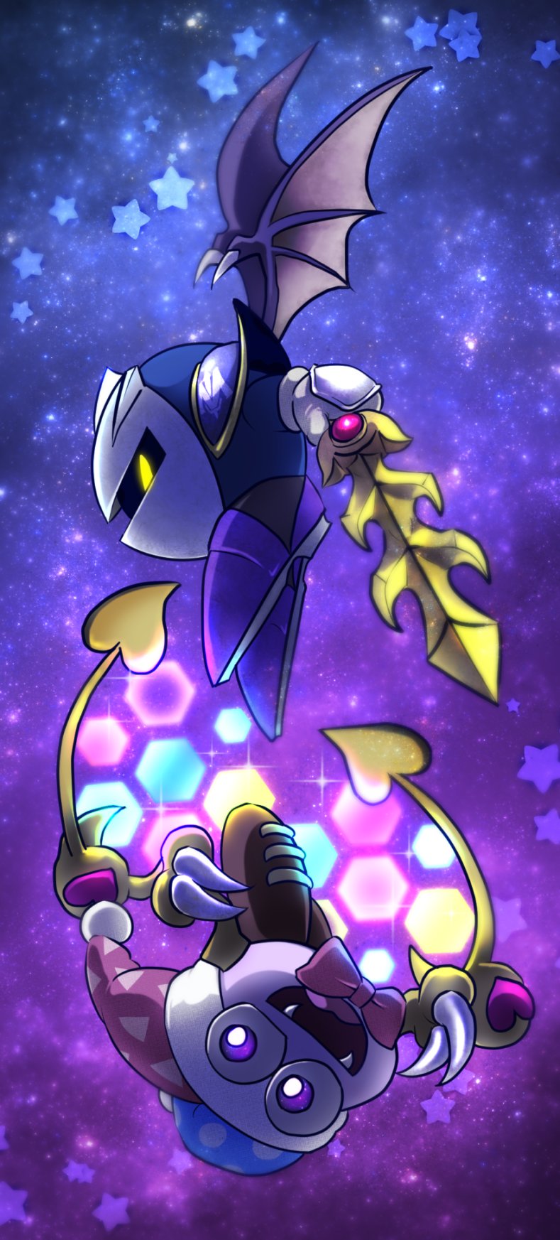 2boys bat_wings bow bowtie commentary_request fangs galaxia_(sword) gauntlets gradient gradient_background hat hexagon highres jester_cap kirby_(series) marx mask meta_knight multiple_boys neironyshino shoulder_pads sky space star star_(sky) starry_sky violet_eyes wings yelow_eyes