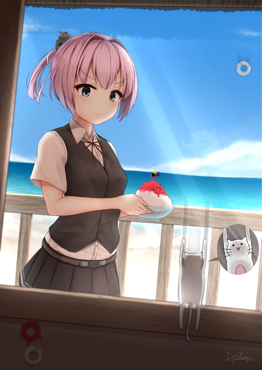 1girl :3 beach belt black_skirt black_vest blue_eyes blue_sky bowl buttons cat chinese_commentary clouds collared_shirt commentary_request day dress_shirt driftkingtw dutch_angle enemy_lifebuoy_(kantai_collection) eyebrows_visible_through_hair falling flag hair_ornament hair_ribbon highres holding holding_bowl horizon kantai_collection light_rays neck_ribbon no_gloves ocean pink_hair pleated_skirt ponytail railing red_neckwear red_ribbon remodel_(kantai_collection) ribbon school_uniform shaved_ice shiranui_(kantai_collection) shirt shore short_sleeves signature skirt sky solo speed_lines staring sunbeam sunlight tail v-shaped_eyebrows vest whiskers white_ribbon white_shirt window