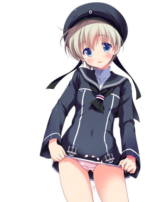 1girl ass_visible_through_thighs blue_dress blue_eyes clothes_writing commentary_request cowboy_shot dress hat kantai_collection looking_at_viewer odawara_hakone panties pink_panties sailor_dress sailor_hat short_hair silver_hair simple_background solo underwear white_background z1_leberecht_maass_(kantai_collection)