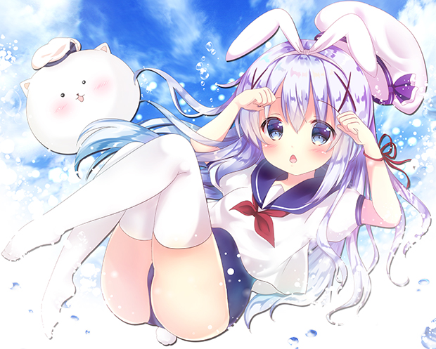 1girl angora_rabbit animal animal_ears arms_up bangs beret blue_eyes blue_hair blue_sailor_collar blue_sky blue_swimsuit blush chestnut_mouth clouds cloudy_sky commentary_request day eyebrows_visible_through_hair gochuumon_wa_usagi_desu_ka? hair_between_eyes hair_ornament hat hat_removed headwear_removed kafuu_chino long_hair no_shoes one-piece_swimsuit outdoors parted_lips puffy_short_sleeves puffy_sleeves rabbit rabbit_ears red_ribbon ribbon rikatan sailor_collar school_swimsuit school_uniform serafuku shirt short_sleeves sky swimsuit swimsuit_under_clothes thigh-highs tippy_(gochiusa) very_long_hair water_drop white_hat white_legwear white_shirt x_hair_ornament