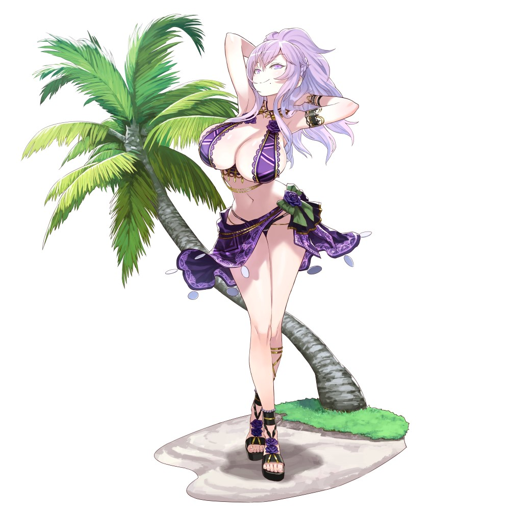 1girl arms_behind_head bikini breasts dolls_order flower frilled_bikini frills grass hair_up huge_breasts looking_at_viewer mole mole_under_mouth morgan_(dolls_order) official_art palm_tree purple_flower purple_hair purple_rose rose sand sandals sarong smile solo summer swimsuit tree violet_eyes