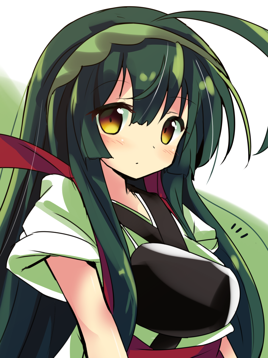 1girl ahoge bangs blush brown_eyes closed_mouth commentary_request eyebrows_visible_through_hair green_hair green_hairband green_kimono hair_between_eyes hairband head_tilt highres japanese_clothes kimono long_hair looking_at_viewer looking_to_the_side muneate ryogo short_sleeves solo touhoku_zunko very_long_hair voiceroid wide_sleeves