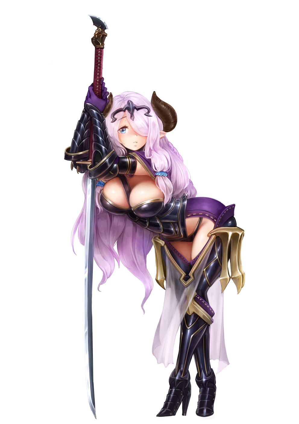 1girl armor barbariank bent_over black_armor blue_eyes blush boots braid breasts camilla_(fire_emblem_if) camilla_(fire_emblem_if)_(cosplay) cleavage commentary cosplay draph english_commentary fire_emblem fire_emblem_if full_body gloves granblue_fantasy greaves hair_ornament hair_over_one_eye high_heel_boots high_heels highres horns katana large_breasts lavender_hair long_hair looking_at_viewer narmaya_(granblue_fantasy) pointy_ears purple_gloves solo sword tiara transparent_background very_long_hair weapon