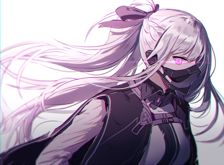 1girl ak-12_(girls_frontline) bangs black_ribbon braid breasts cloak covered_mouth eyebrows_visible_through_hair floating_hair french_braid gas_mask girls_frontline glowing glowing_eyes headset jacket long_hair looking_at_viewer medium_breasts ponytail ribbon shirt sidelocks silence_girl silver_hair simple_background solo torn_clothes very_long_hair violet_eyes white_background