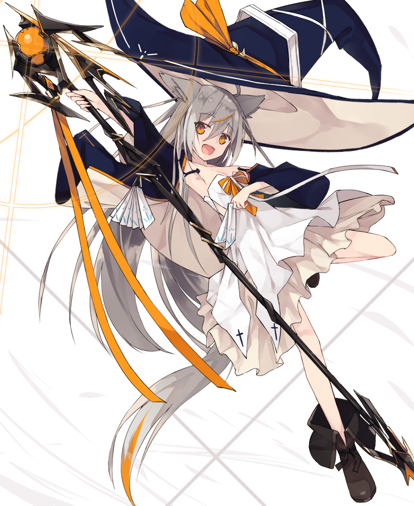 1girl animal_ears bangs boots breasts copyright_request detached_sleeves dress fox_ears fox_tail full_body grey_hair hair_between_eyes hat holding long_hair multicolored_hair nagishiro_mito orange_eyes small_breasts smile staff tail very_long_hair white_background white_dress witch witch_hat