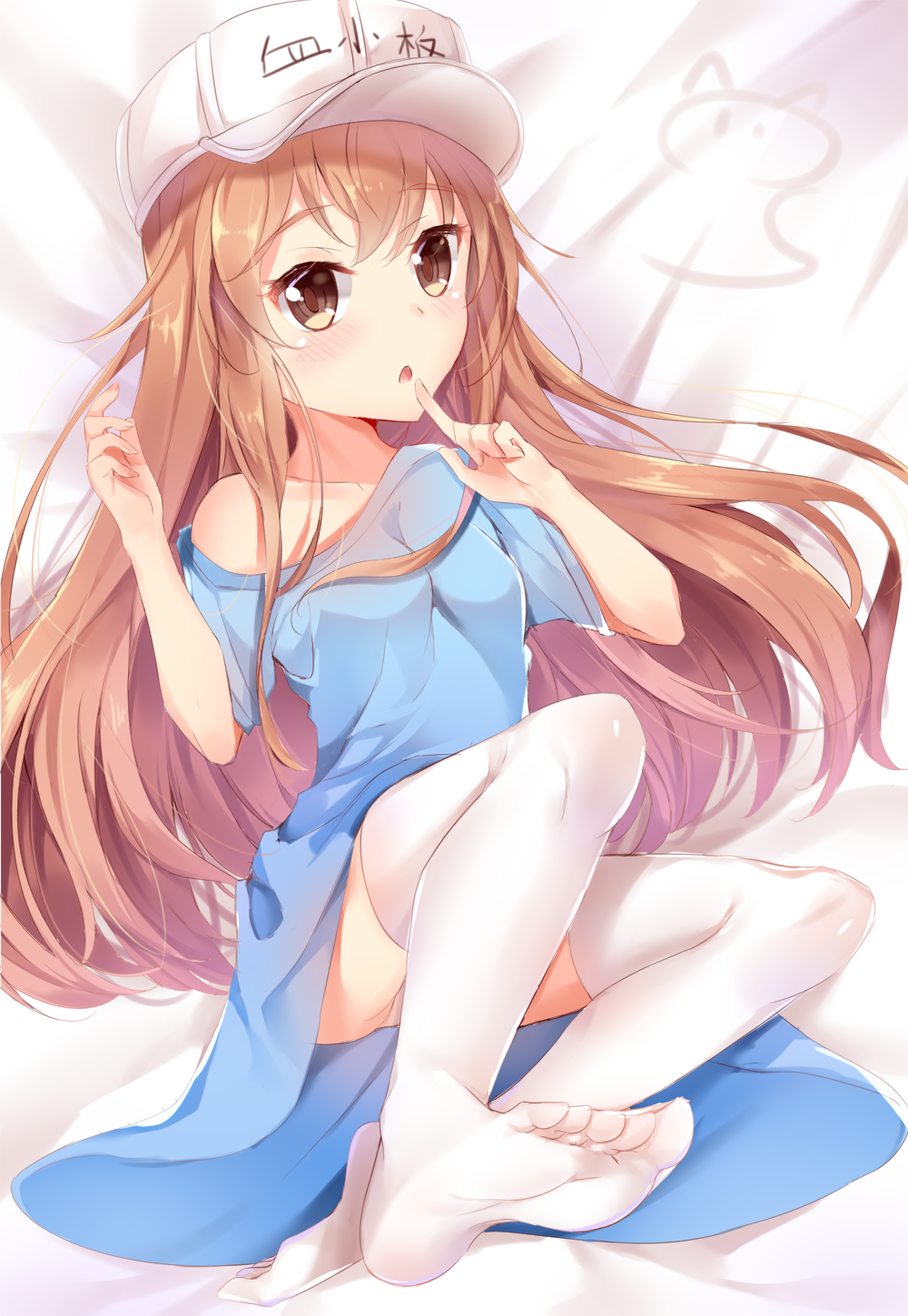 1girl bangs bare_shoulders barefoot bed_sheet beige_shorts blue_shirt blush breasts brown_eyes brown_hair character_name clothes_writing collarbone commentary_request eyebrows_visible_through_hair finger_to_mouth flat_cap hair_between_eyes hat hataraku_saibou highres long_hair looking_at_viewer lying nahaki off_shoulder on_back parted_lips platelet_(hataraku_saibou) shirt short_shorts short_sleeves shorts small_breasts soles solo very_long_hair white_hat