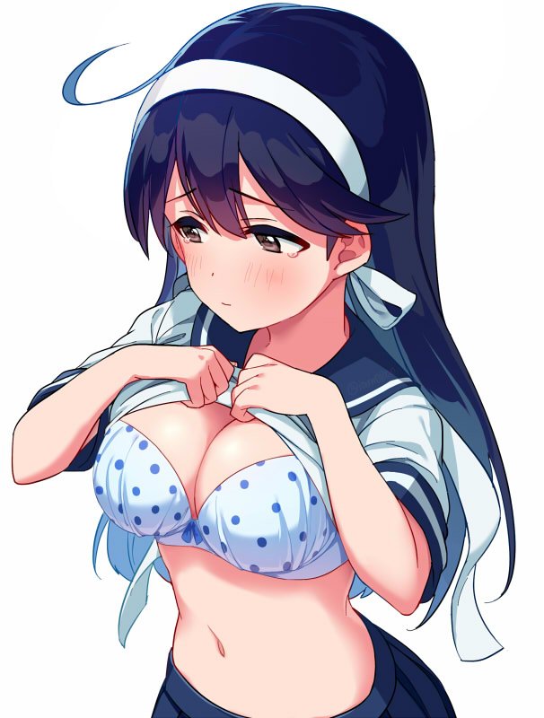 1girl ahoge black_hair blush bra breasts brown_eyes cleavage commentary_request crying crying_with_eyes_open hairband kantai_collection long_hair looking_away medium_breasts navel polka_dot polka_dot_bra remodel_(kantai_collection) sayshownen school_uniform serafuku shirt_lift simple_background solo tears underwear upper_body ushio_(kantai_collection) white_background