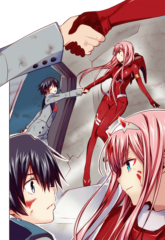 1boy 1girl black_hair blue_eyes bodysuit breasts couple darling_in_the_franxx eye_contact floating_hair full_body green_eyes grey_jacket hairband hiro_(darling_in_the_franxx) holding_hand horn jacket long_hair looking_at_another medium_breasts pilot_suit pink_hair red_bodysuit ryu-geki shiny shiny_clothes uniform very_long_hair white_hairband zero_two_(darling_in_the_franxx)