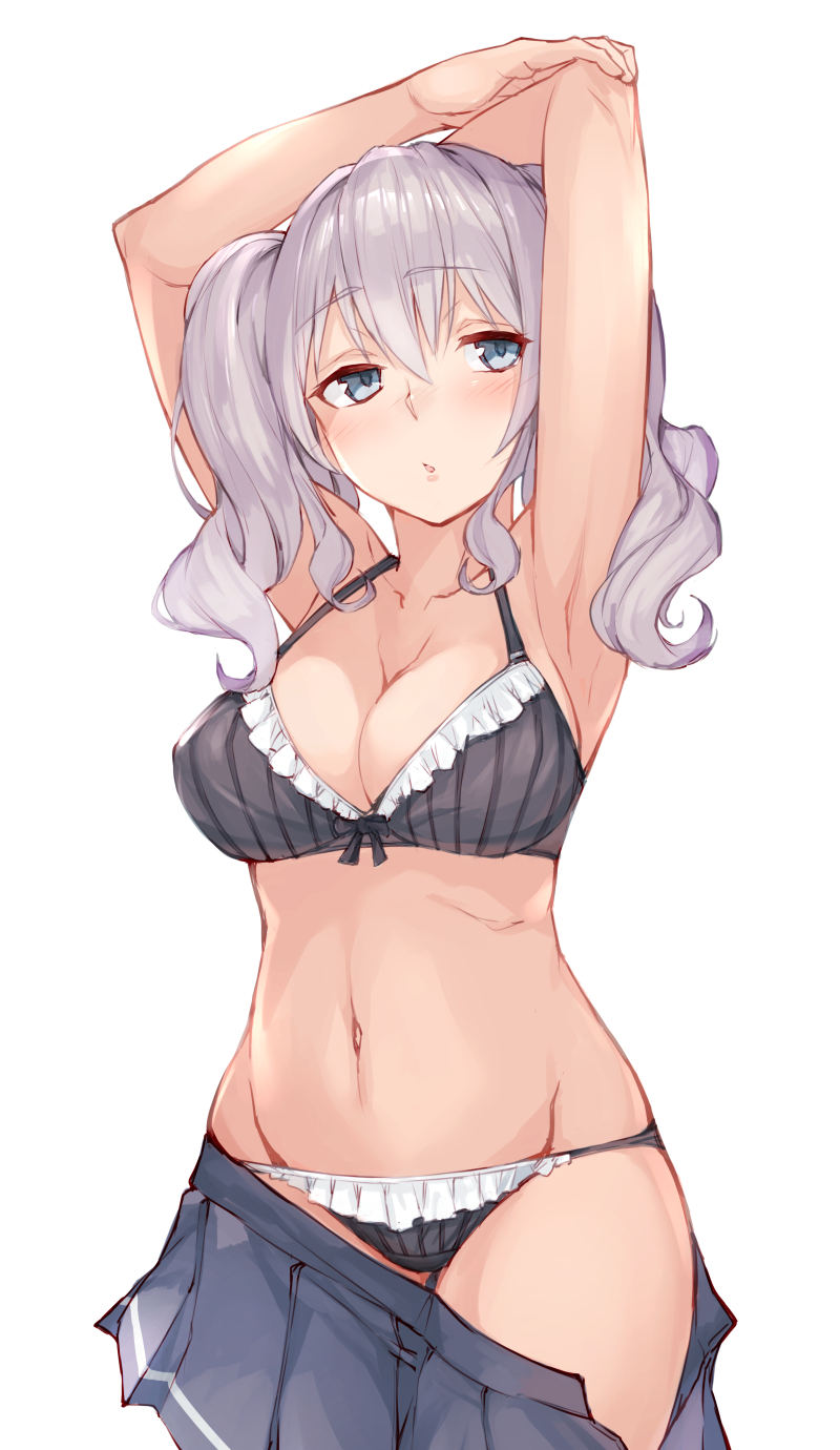 1girl :o arm_grab armpits black_bra black_panties blue_eyes blush bra breasts cleavage collarbone cowboy_shot fumikiri hands_above_head highres kantai_collection kashima_(kantai_collection) looking_at_viewer medium_breasts navel panties parted_lips pleated_skirt silver_hair simple_background skindentation skirt skirt_pull solo stomach striped striped_bra striped_panties twintails underwear white_background