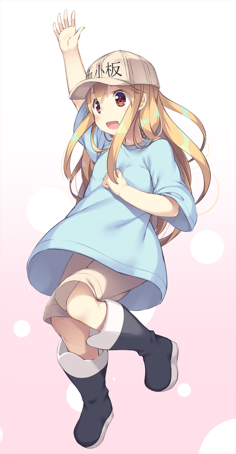 1girl :d arm_up bangs black_footwear blue_shirt boots brown_hat brown_shorts character_name clothes_writing commentary_request flat_cap full_body hair_between_eyes hat hataraku_saibou highres knee_boots light_brown_hair long_hair looking_away olive_(laai) open_mouth platelet_(hataraku_saibou) red_eyes shirt short_shorts short_sleeves shorts smile solo very_long_hair