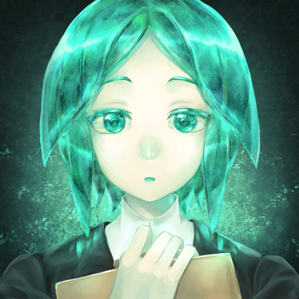 1other androgynous aqua_eyes aqua_hair clipboard colored_eyelashes crystal_hair gem_uniform_(houseki_no_kuni) green_eyes green_hair houseki_no_kuni looking_at_viewer phosphophyllite short_hair solo upper_body