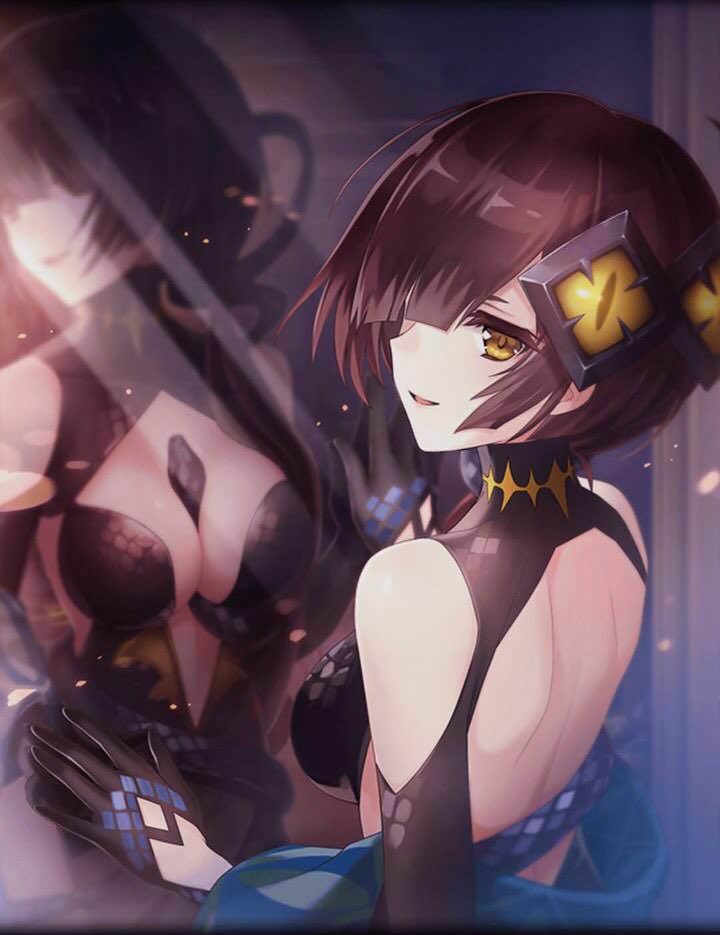 1girl artist_request azusa_yumi_(phantom_of_the_kill) backless_outfit bangs between_breasts breasts brown_hair cleavage gloves hair_ornament hand_on_mirror long_hair looking_at_viewer official_art phantom_of_the_kill reflection scales side_ponytail snake snakeskin_print yellow_eyes