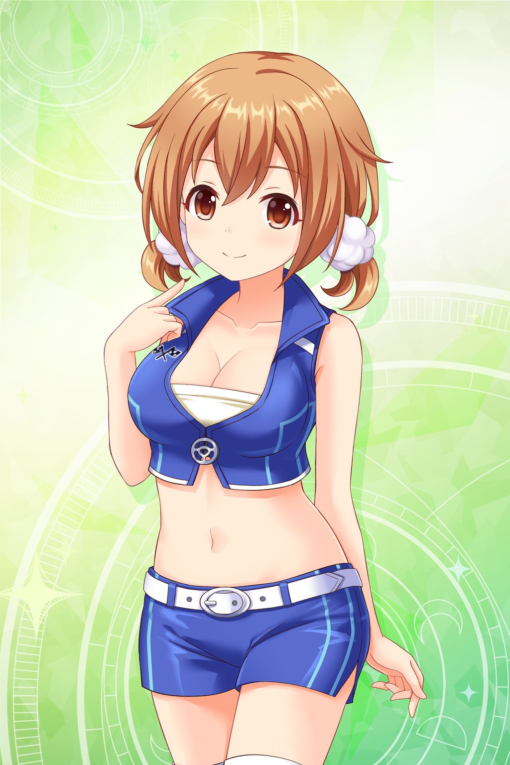 1girl alternative_girls belt blue_jacket blue_shorts blush boots breasts brown_eyes cleavage collarbone cowboy_shot cropped_jacket green_background hair_ornament hair_scrunchie highres jacket large_breasts light_brown_hair looking_at_viewer low_twintails momoi_hina official_art pointing pointing_at_self racequeen scrunchie short_hair shorts simple_background smile standing thigh-highs thigh_boots twintails white_legwear white_scrunchie