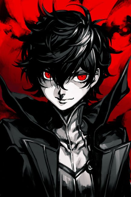 1boy amamiya_ren black_hair hankuri long_coat looking_at_viewer male_focus messy_hair persona persona_5 popped_collar portrait red_background red_eyes smile spot_color