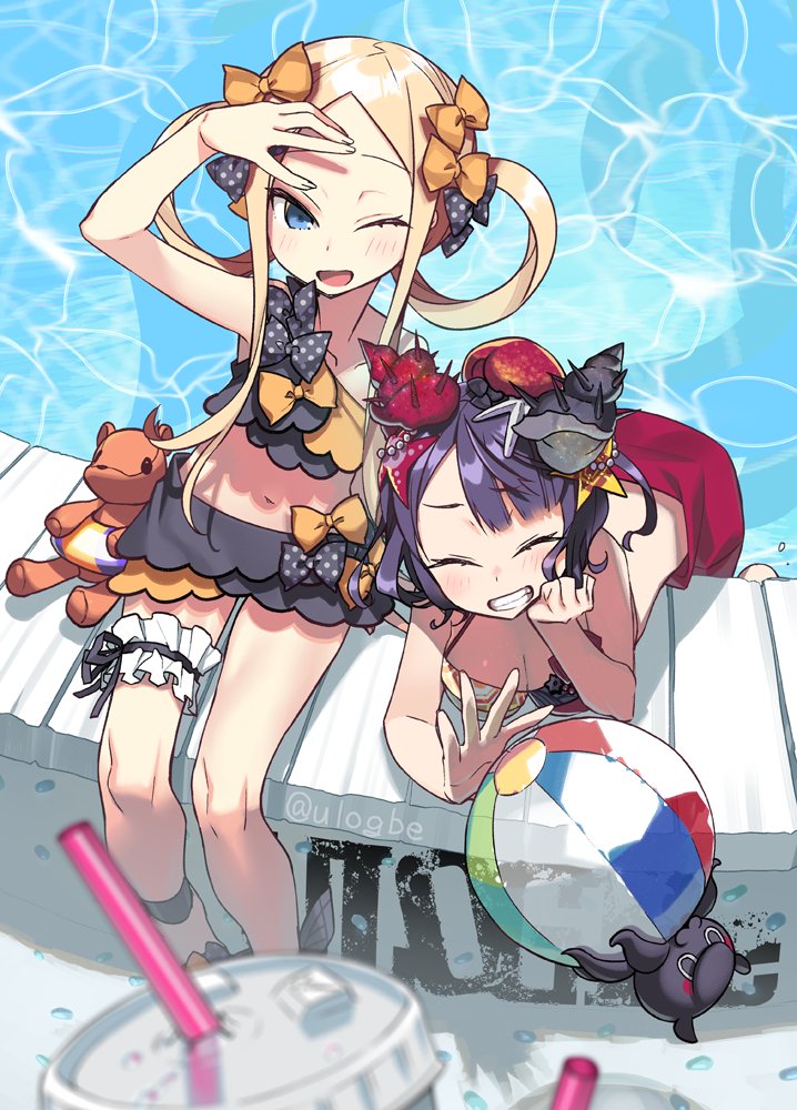 2girls abigail_williams_(fate/grand_order) ball beachball blonde_hair blue_eyes bow drink fate/grand_order fate_(series) grin hair_rings katsushika_hokusai_(fate/grand_order) multiple_girls negi_(ulog'be) octopus poolside purple_hair seashell shell smile stuffed_animal stuffed_toy swimsuit teddy_bear thigh_strap