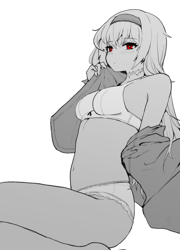 1girl bra breasts bright_pupils dutch_angle expressionless eyebrows_visible_through_hair girls_frontline greyscale hairband jorin long_hair medium_breasts monochrome navel off_shoulder open_clothes panties red_eyes scar simple_background sitting solo spot_color thunder_(girls_frontline) underwear white_background white_pupils