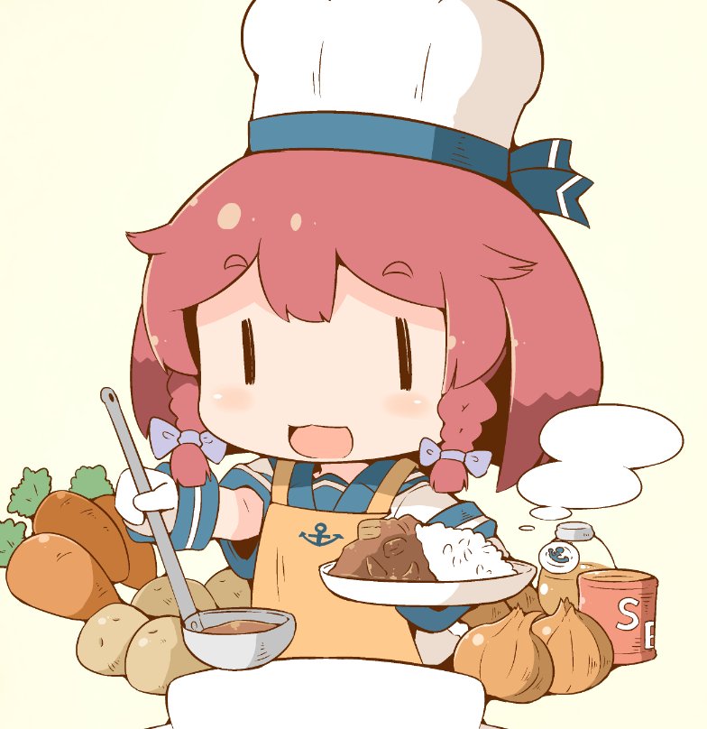 1girl adapted_costume anchor_symbol apron blue_sailor_collar bob_cut braid buttons can carrot chef_hat cooking curry curry_rice etorofu_(kantai_collection) eyebrows_visible_through_hair food gloves hanomido hat kantai_collection ladle onion open_mouth pot potato redhead rice sailor_collar school_uniform serafuku side_braid simple_background smile solo thick_eyebrows toque_blanche twin_braids white_background white_gloves yellow_apron |_|